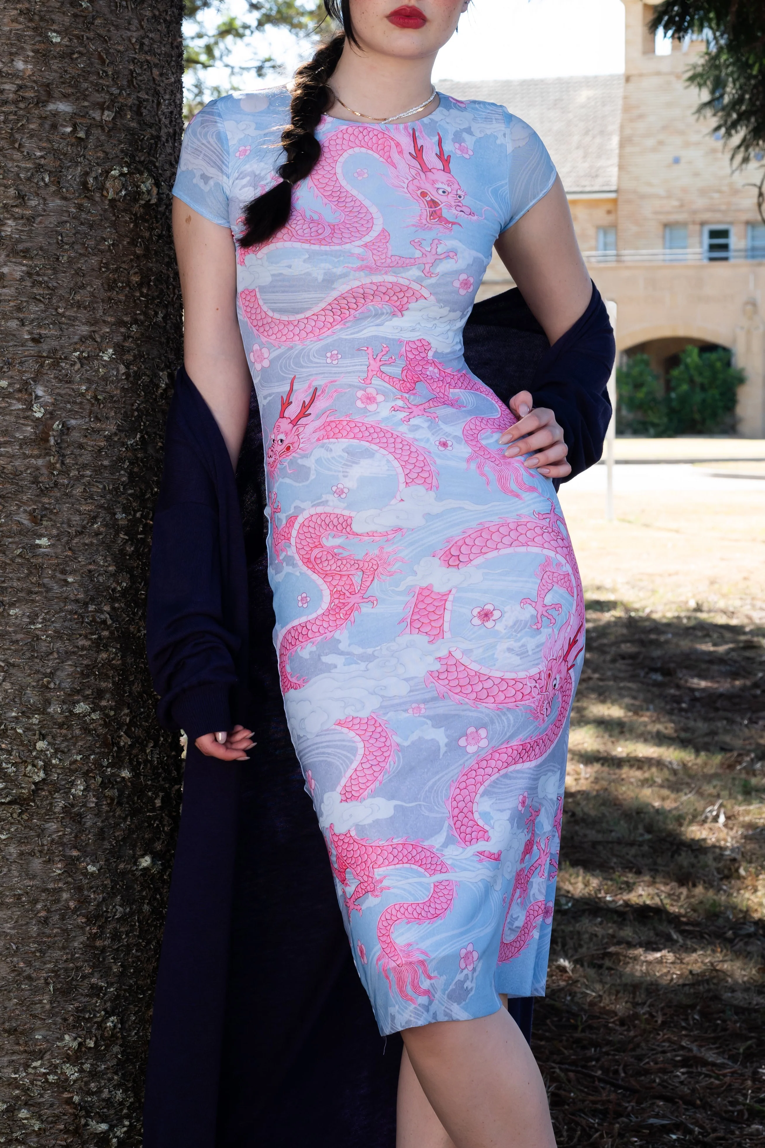 Blushing Dragon Sheer Cap Sleeve Bodycon Dress - Image 8