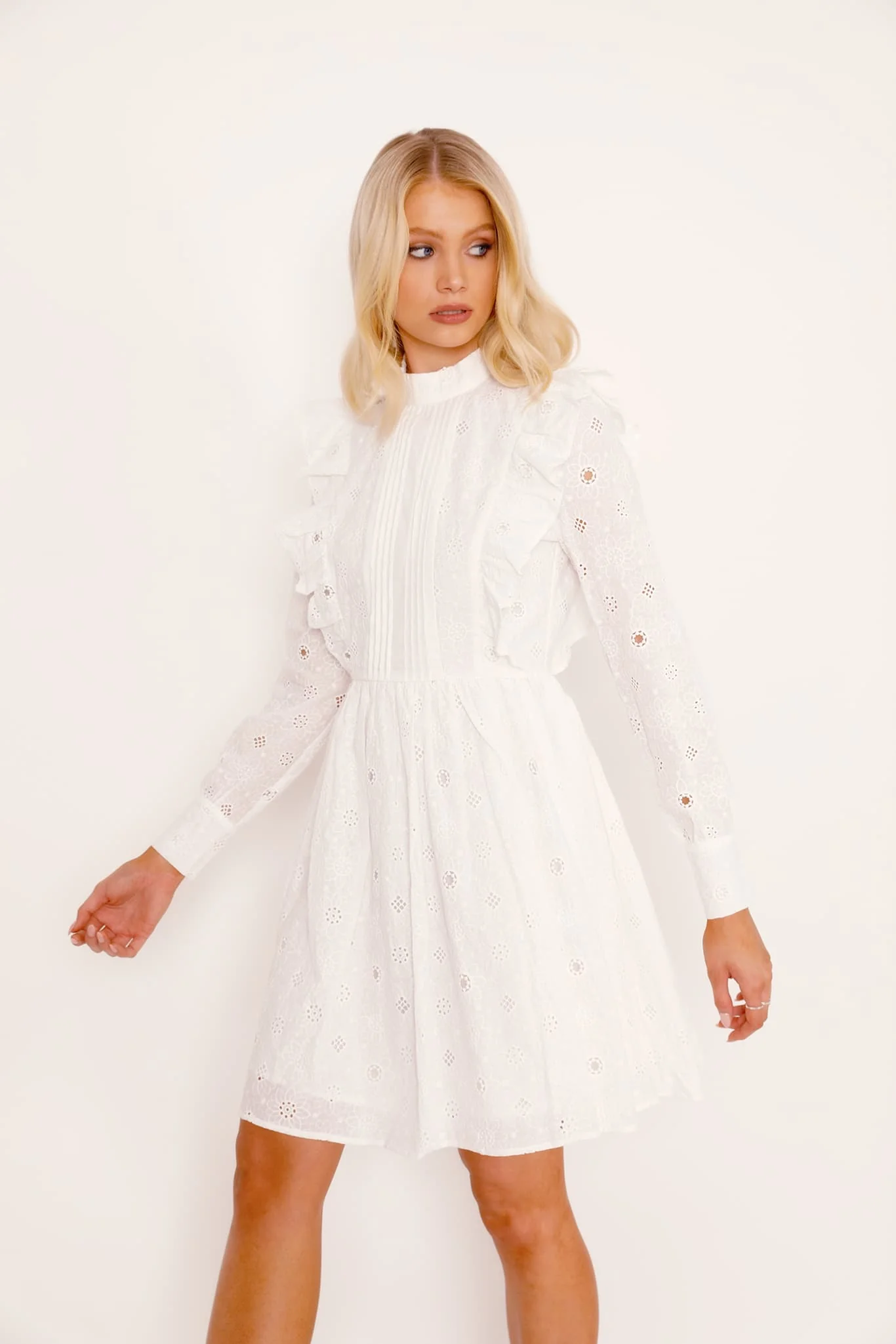Broderie Anglaise White Long Frill Sleeve Dress - Image 4
