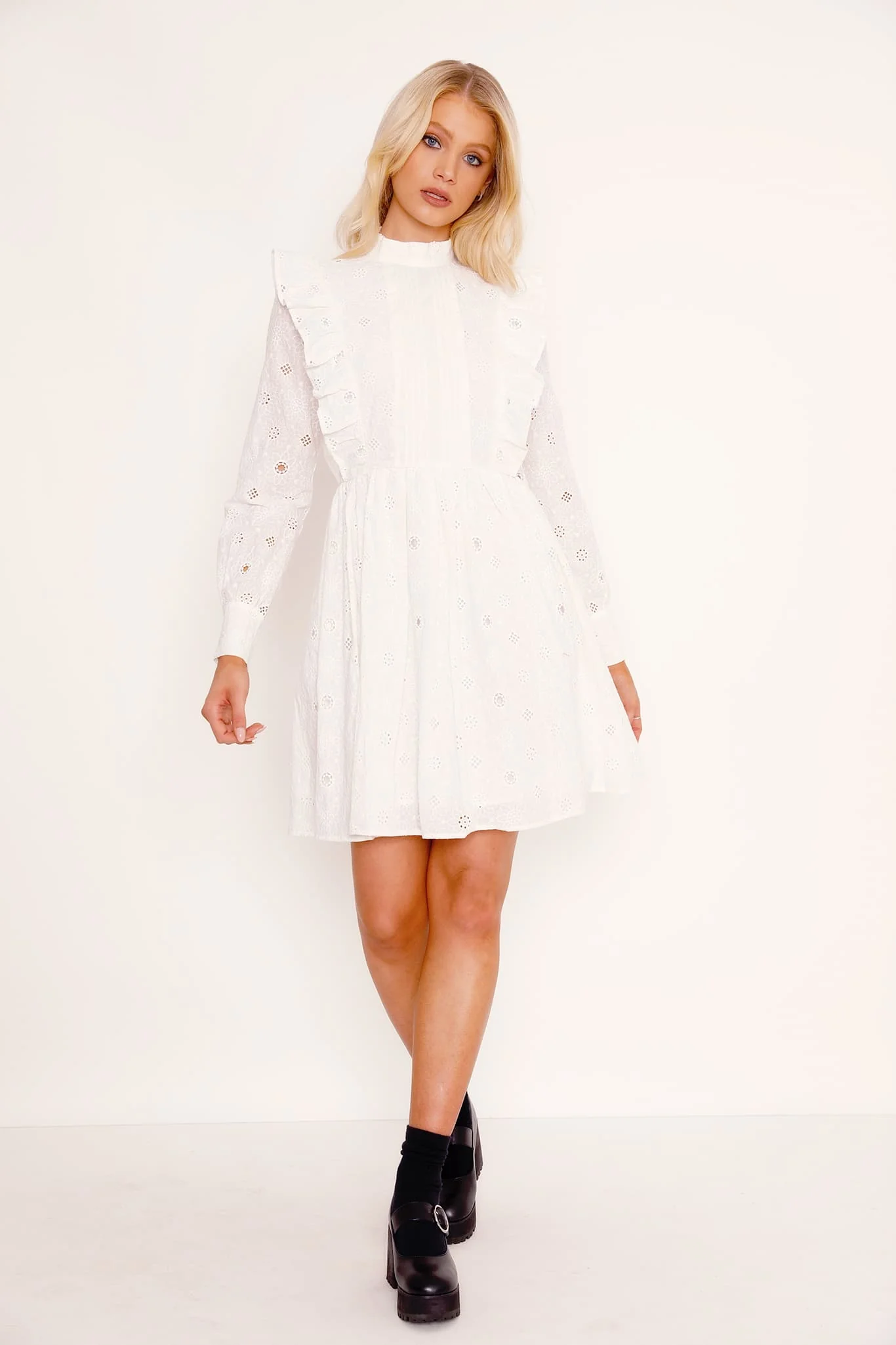 Broderie Anglaise White Long Frill Sleeve Dress - Image 5