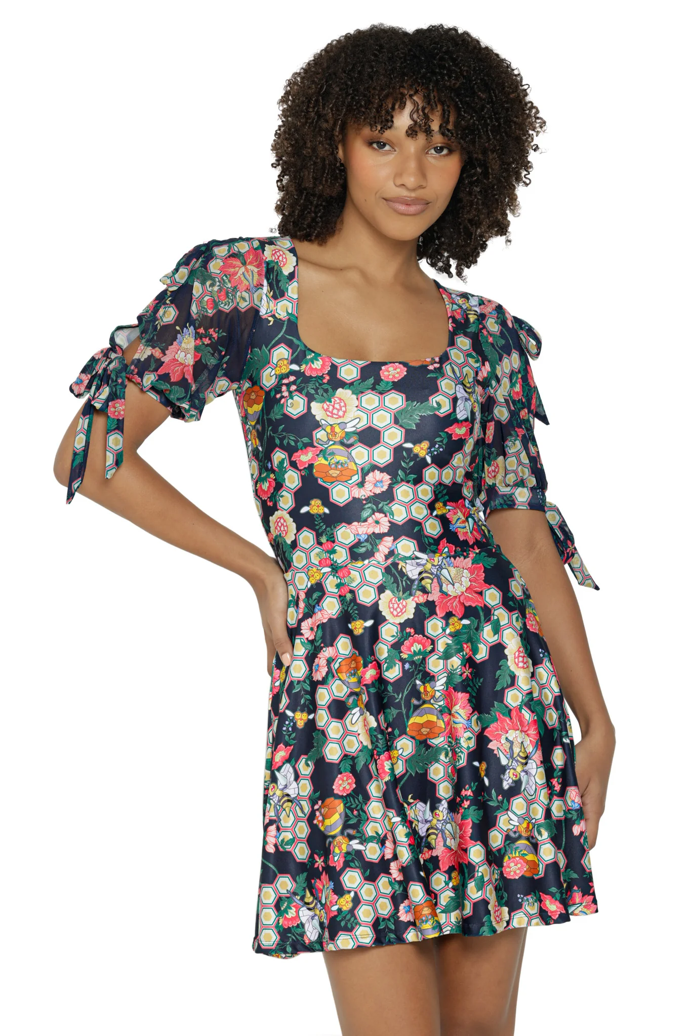 Honey, Honey Sheer Tie Sleeve Skater Dress