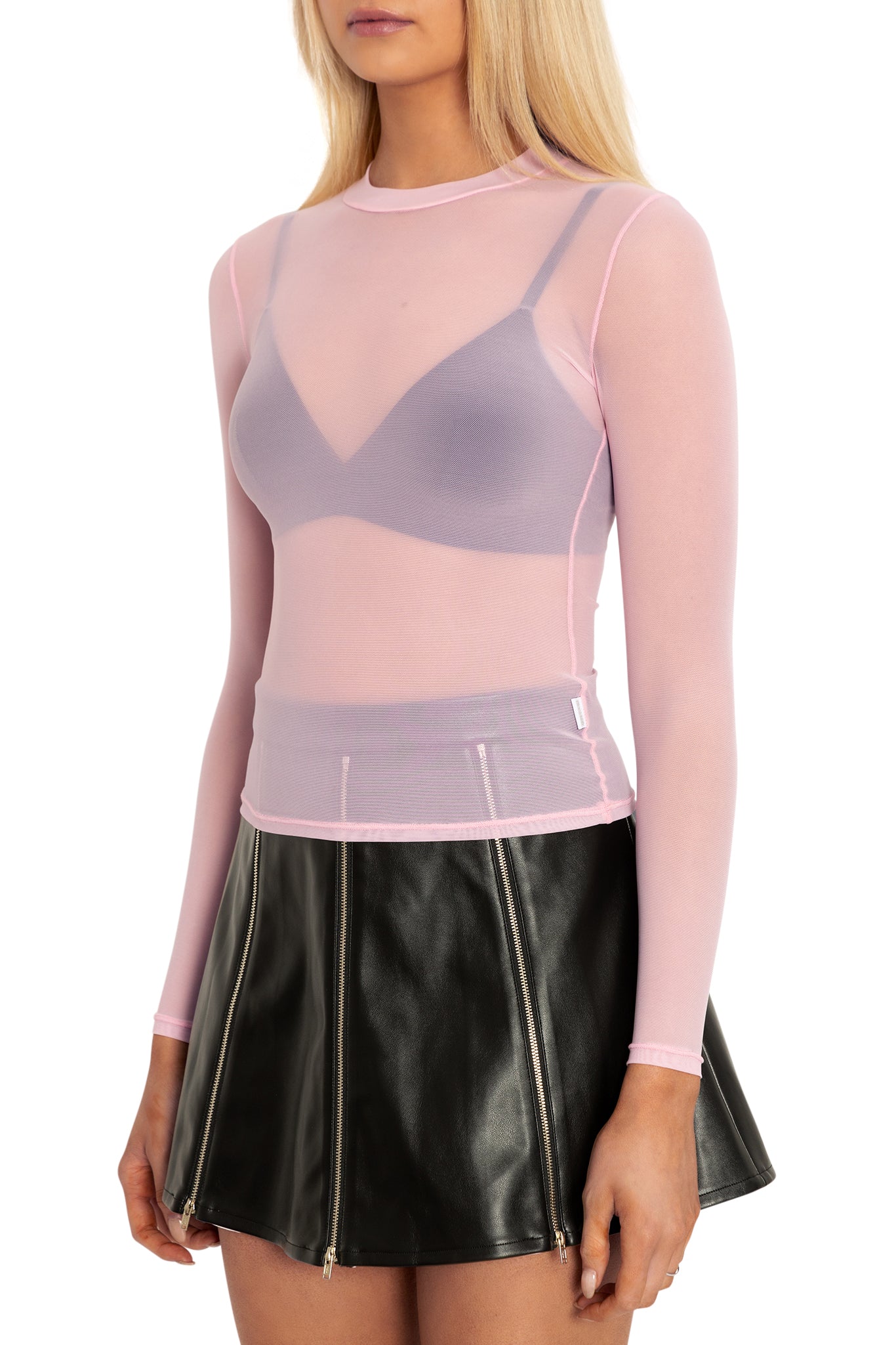 Pastel Pink Sheer High Neck Long Sleeve Top - Image 4