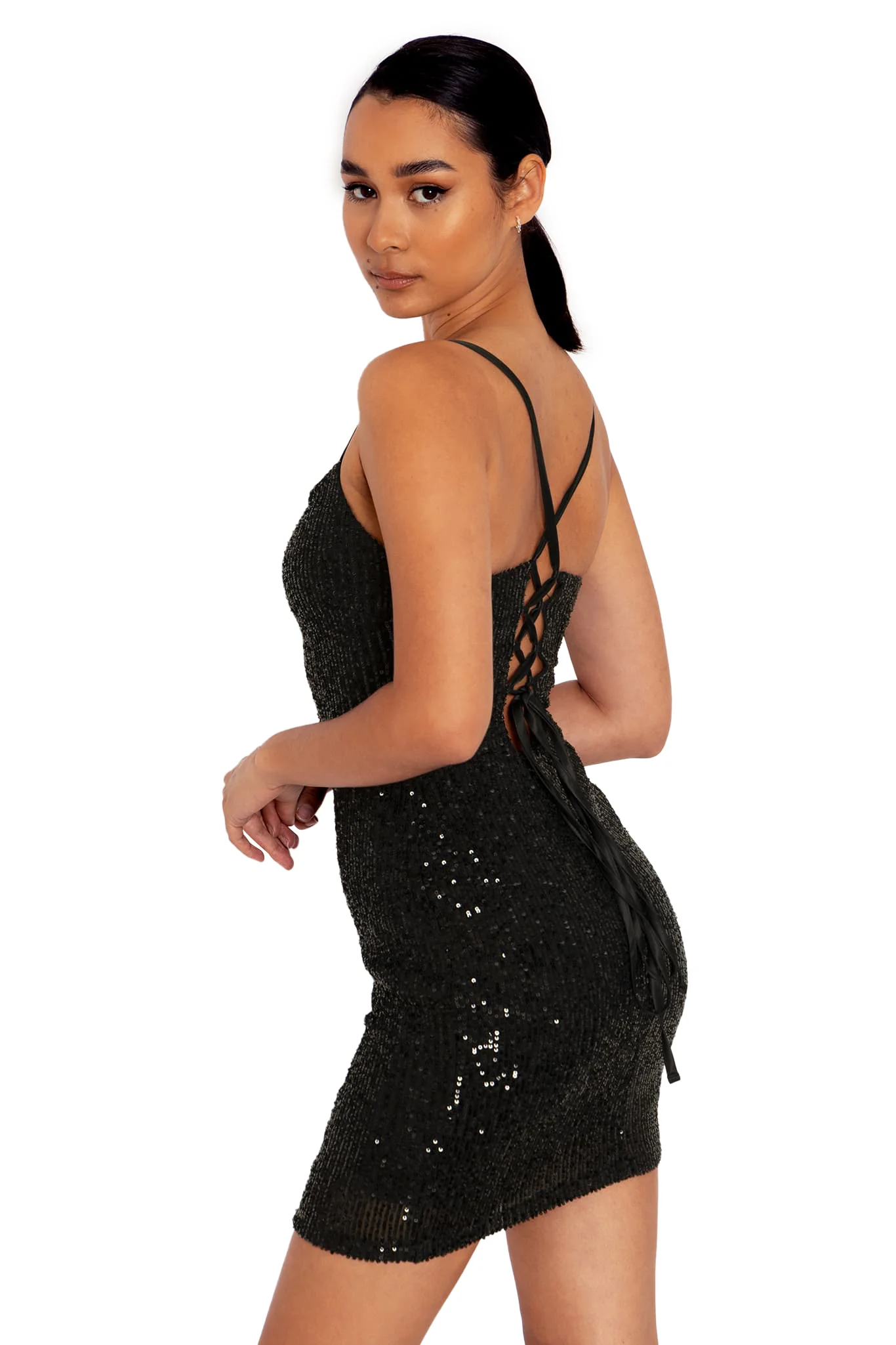 Sparkle Sparkle Black Sequin Lace Back Mini Dress - Image 5
