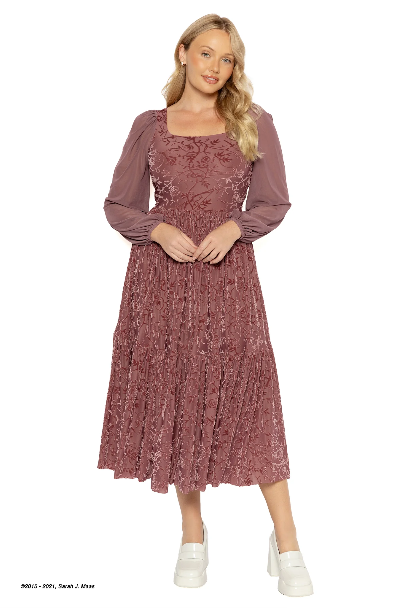 Spring Court Rosewood Burned Velvet Fae Queen Dress - Image 3