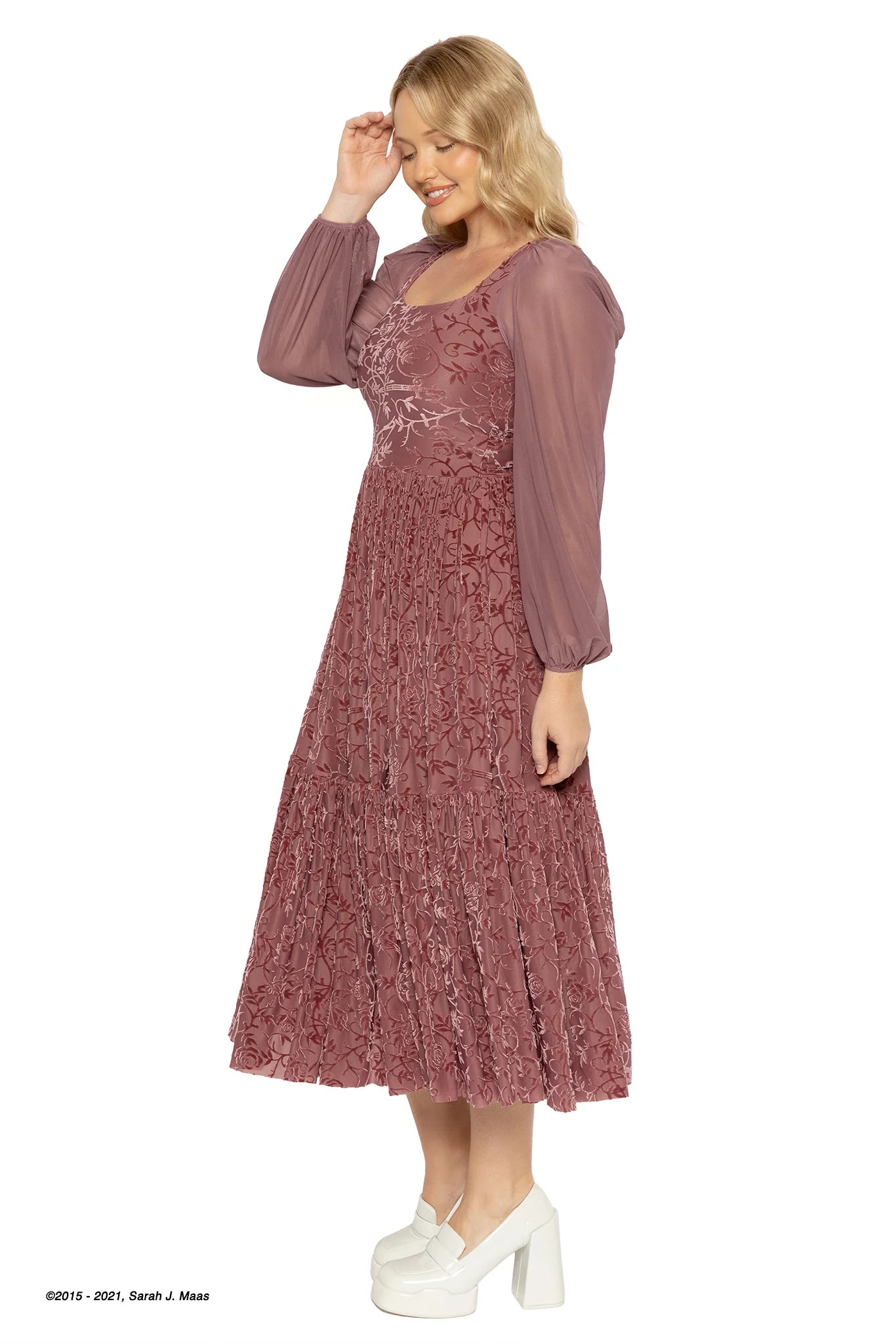 Spring Court Rosewood Burned Velvet Fae Queen Dress - Image 4